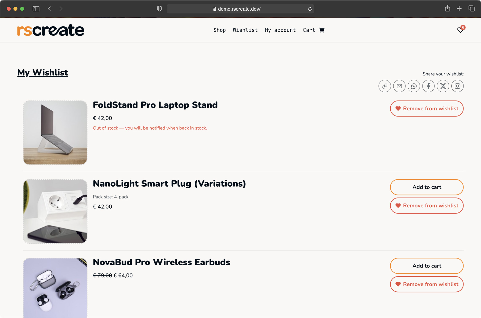 Preview of the Wishlist Page